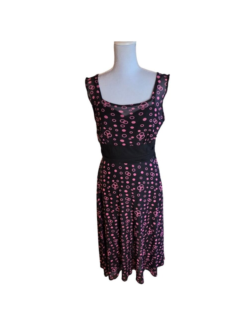 Bettie Page Tatyana Black Pink Polka Dot Swing Dress Pinup ALTERED Sz M